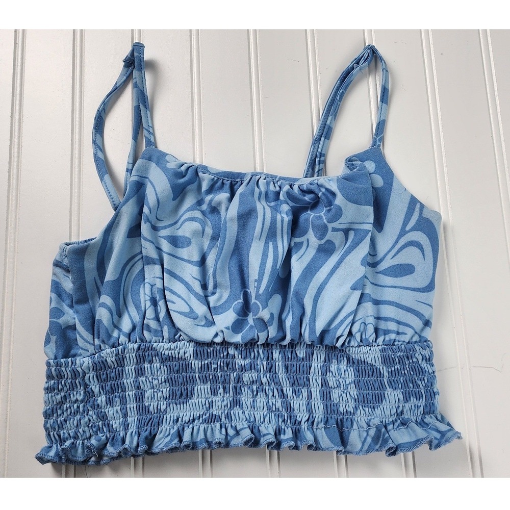rue21 Cami Top Womens Medium Blue Psychedelic Floral Swirl Y2K Smocked Crop Tank
